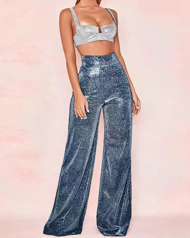 Silver High-Waisted Wide-Leg Slacks