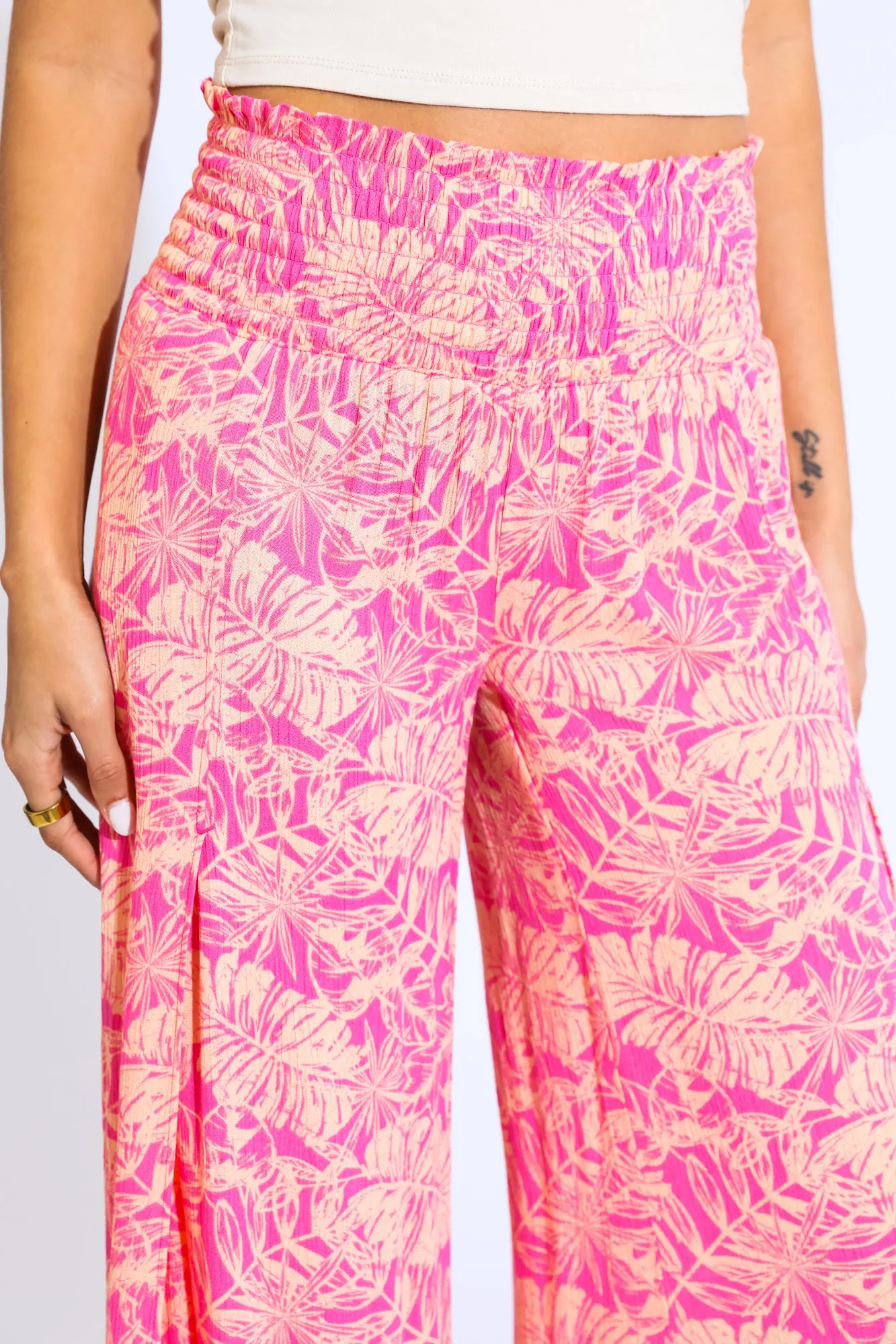 SMOCKED FRONT WRAP WIDE LEG PANT - HOT PINK