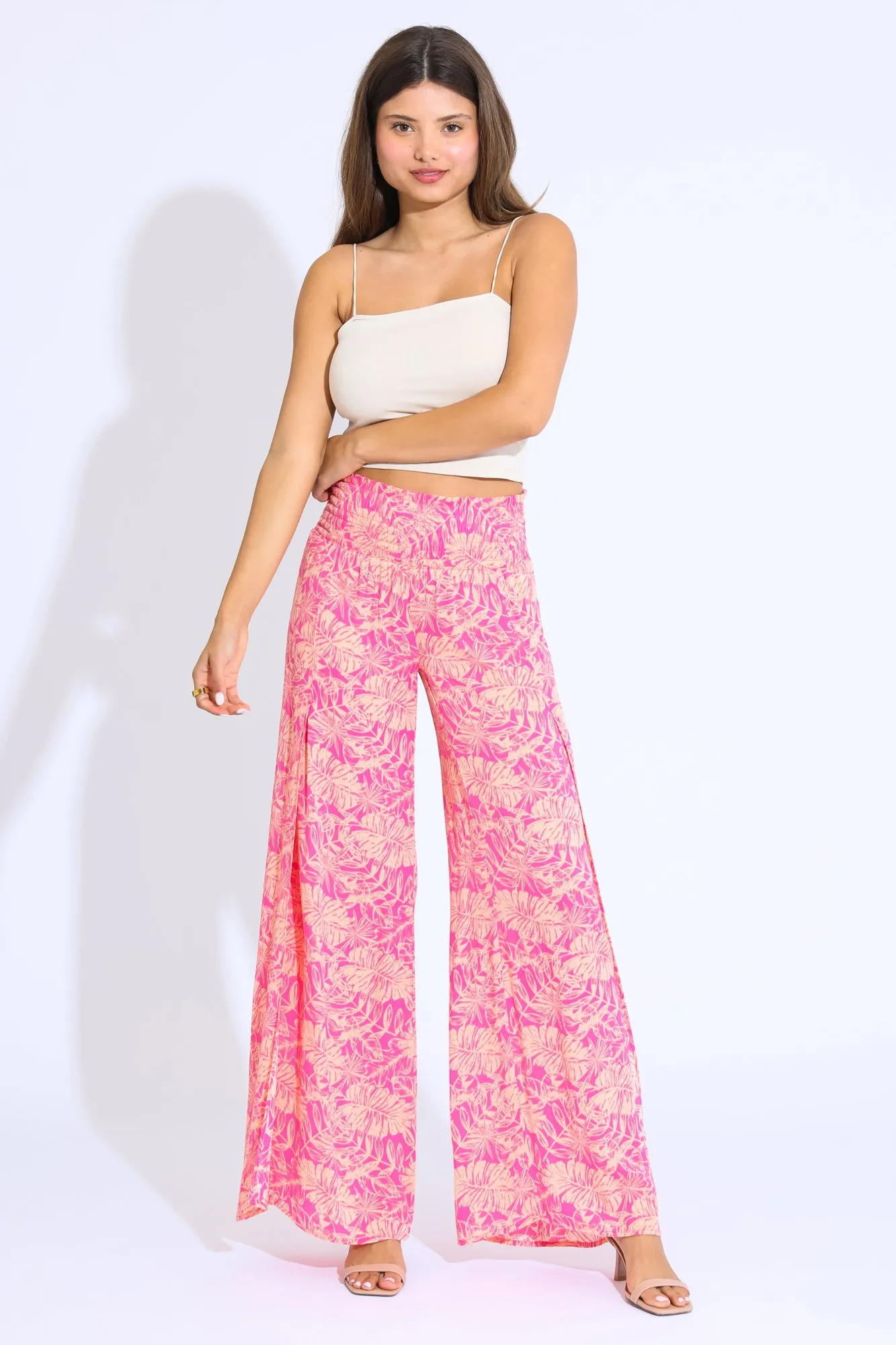 SMOCKED FRONT WRAP WIDE LEG PANT - HOT PINK