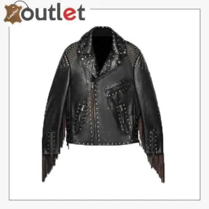 Studded Leather Biker Jacket with Fringe