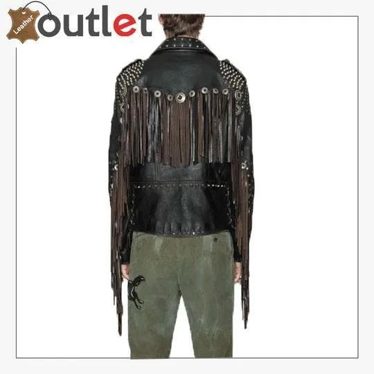 Studded Leather Biker Jacket with Fringe