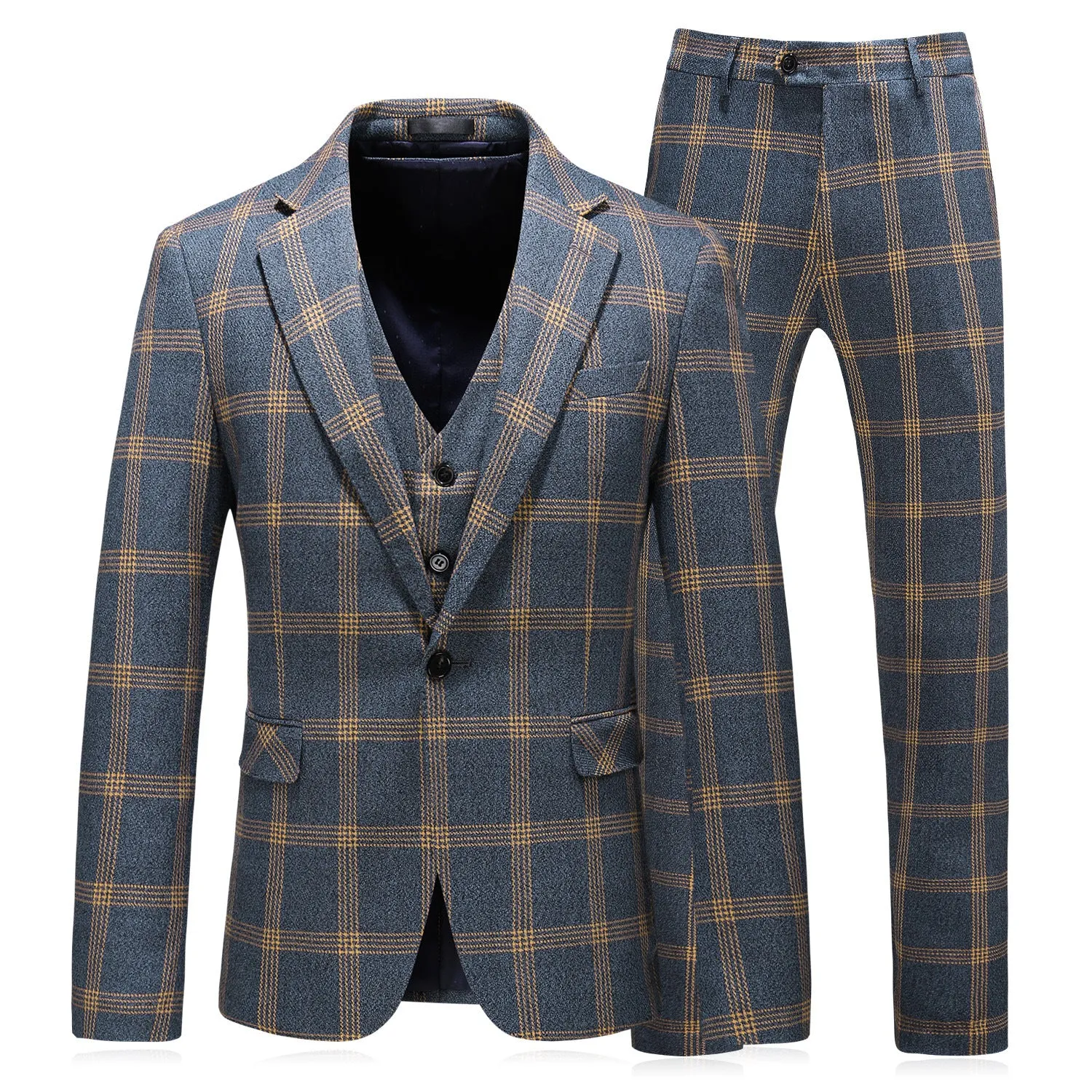 Tailored Men Handmade Premium Grey 3 Pieces Suit with Yellow Grid Wool Blend Checked Pattern Formal & Professional Dress