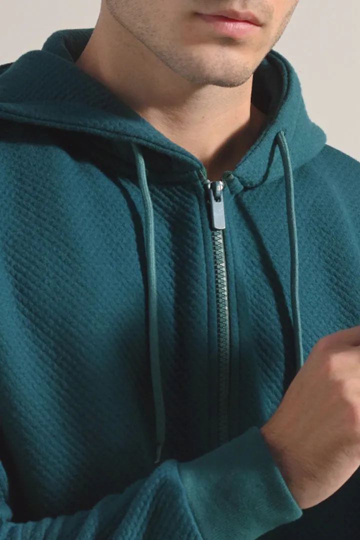 Textured Zipper Hoodie - Teal Green