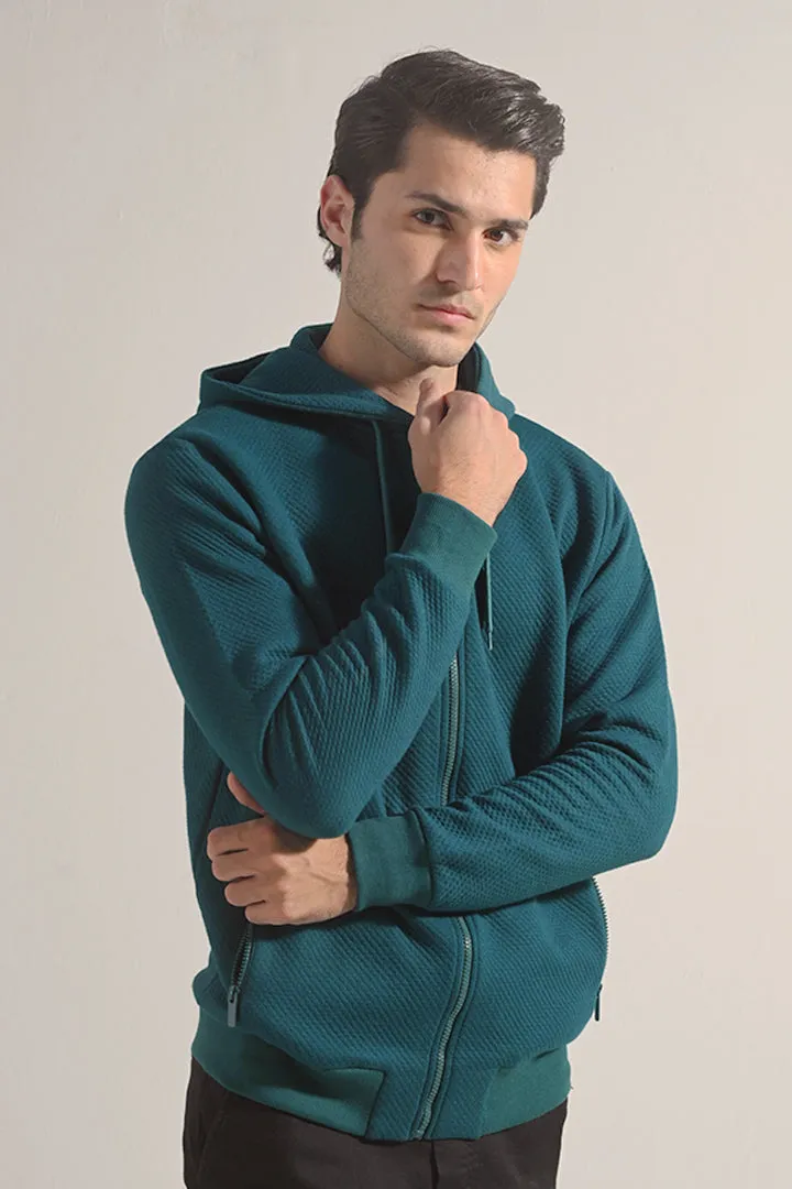 Textured Zipper Hoodie - Teal Green