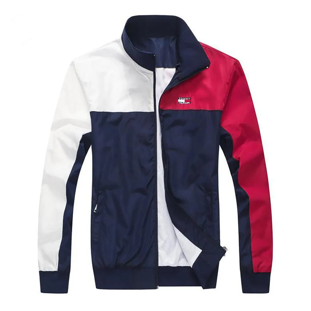 Tom Lightweight Blocked Color Full Zip Down Jacket-White Red Navy Blue