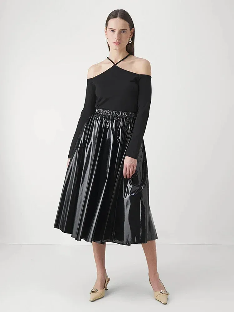 Trend4us Women's Glossy Patent Leather Midi Skirt