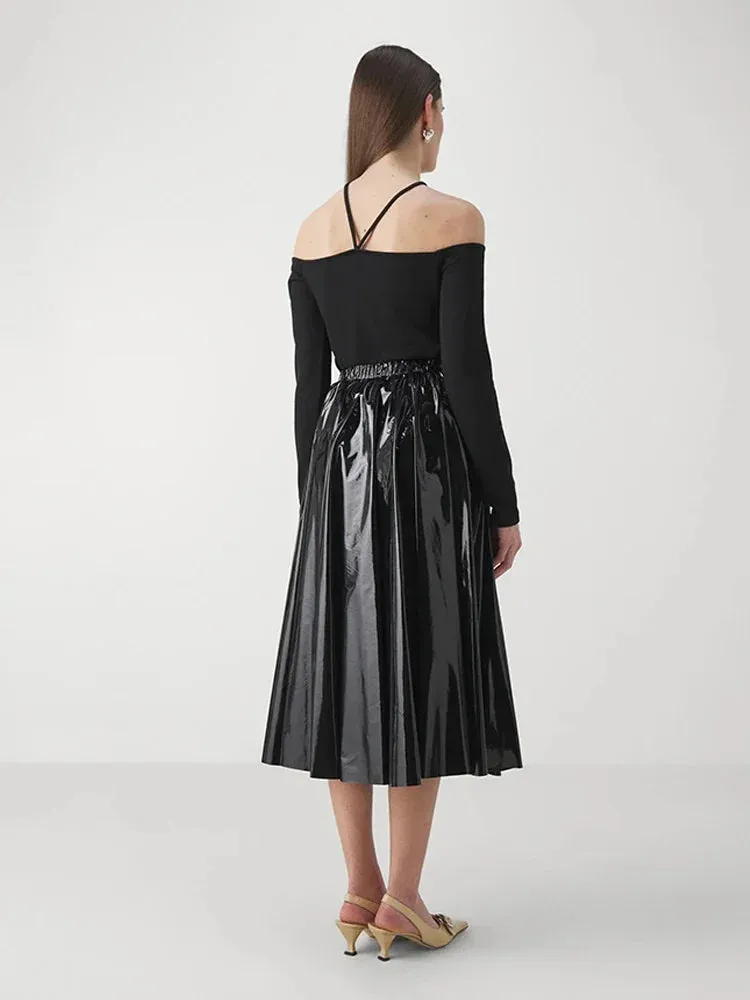 Trend4us Women's Glossy Patent Leather Midi Skirt