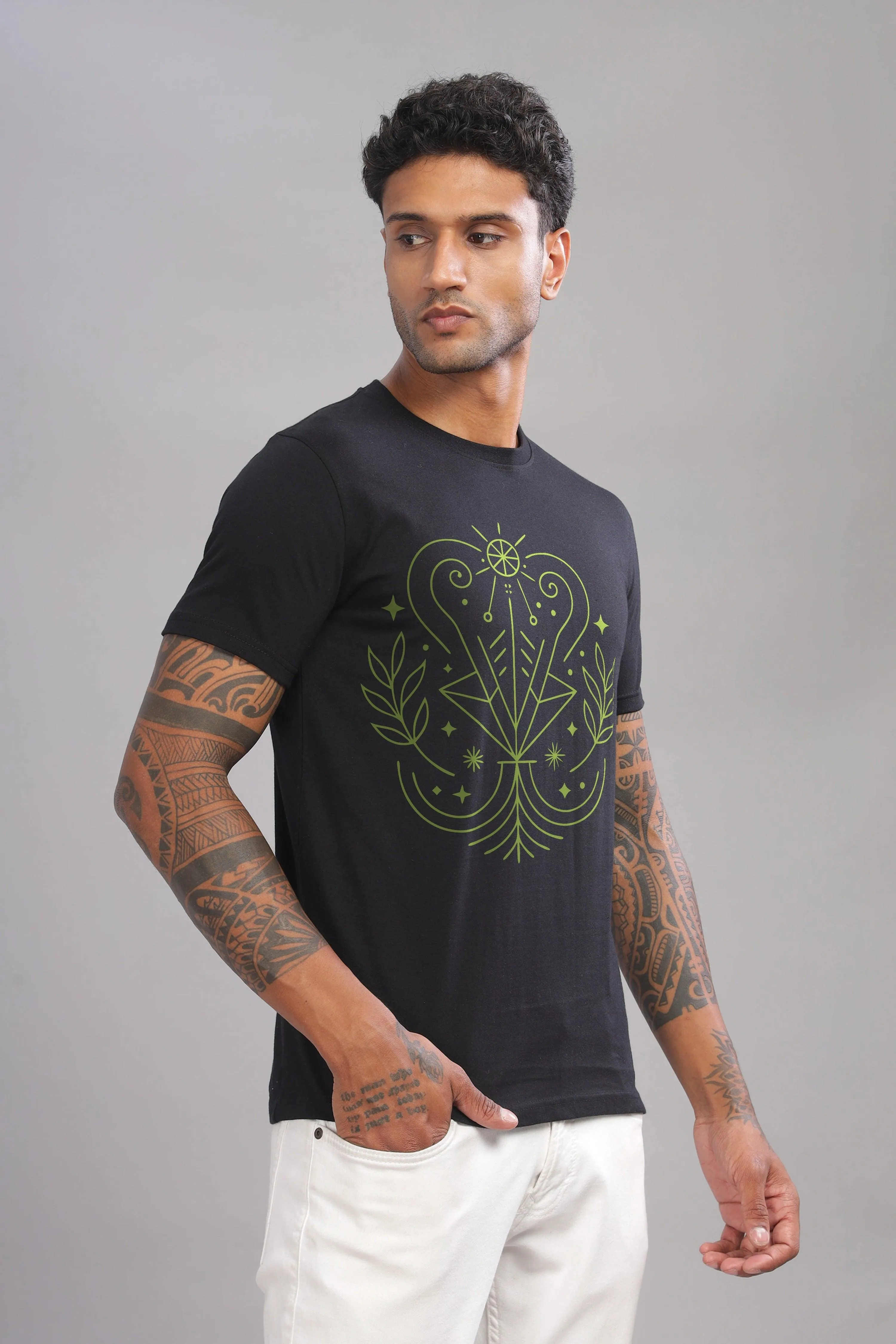 Virgo Vision Black Half Sleeve Printed Round Neck T-Shirt