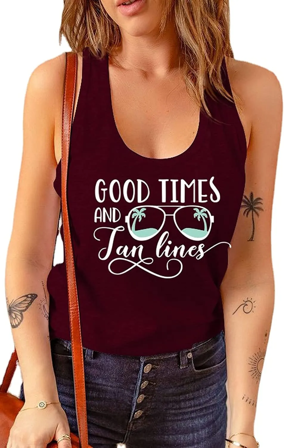 Women Summer Beach Vacation Sunglasses Tank Good Times and Tan Lines Tees Tops