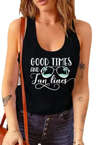 Women Summer Beach Vacation Sunglasses Tank Good Times and Tan Lines Tees Tops