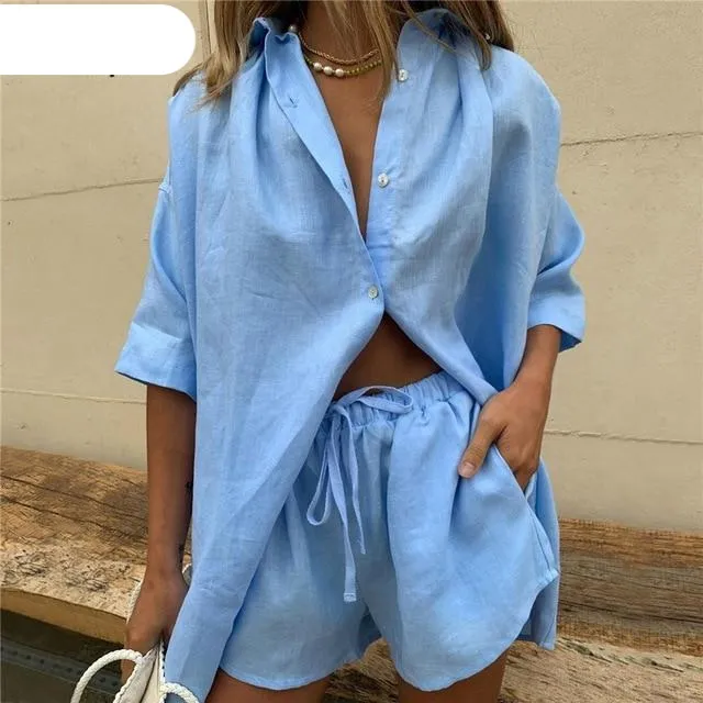 Women Summer Tracksuits | High Waist shorts | Lounge Wear Shorts Tracksuit | High Waist Shorts Two Piece Set | Straight Short Sleeve Shirt