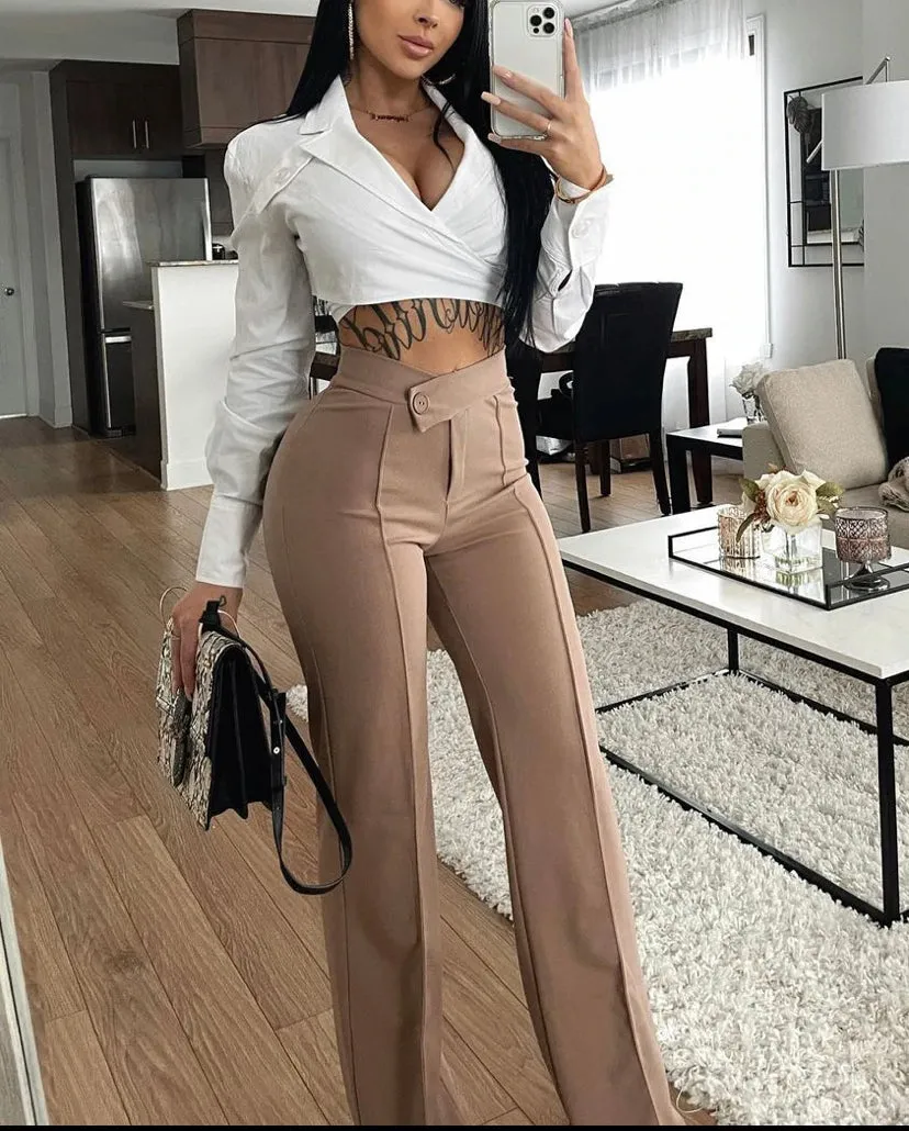 WOMEN Tan Plus Size Wide Leg Dress Pants