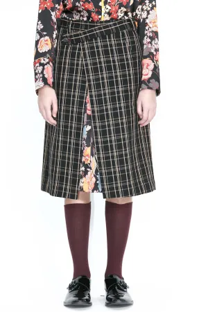 Wool and Silk Printed Black Floral Wrap Skirt