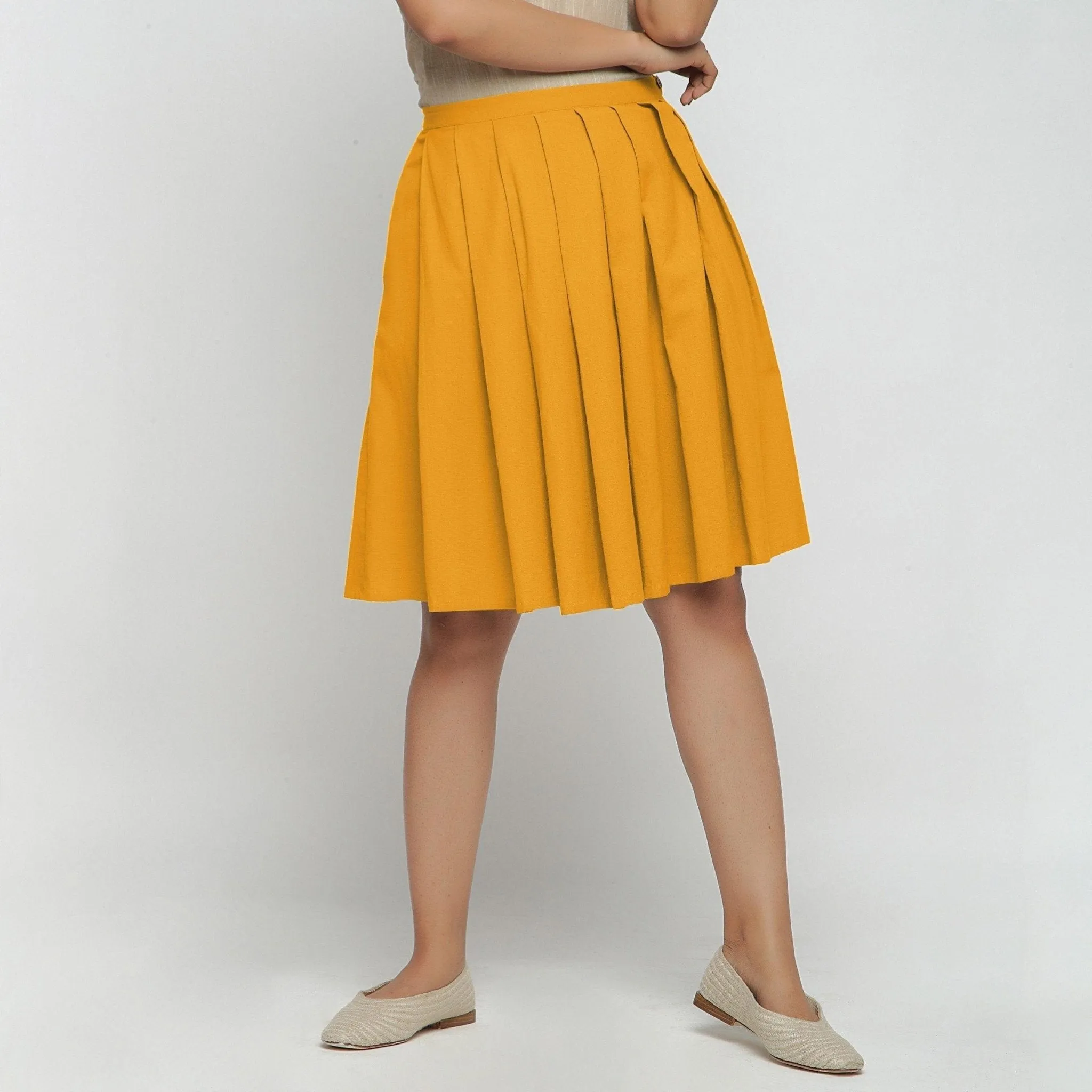 Yellow Cotton Flax Pleated Knee Length Skirt